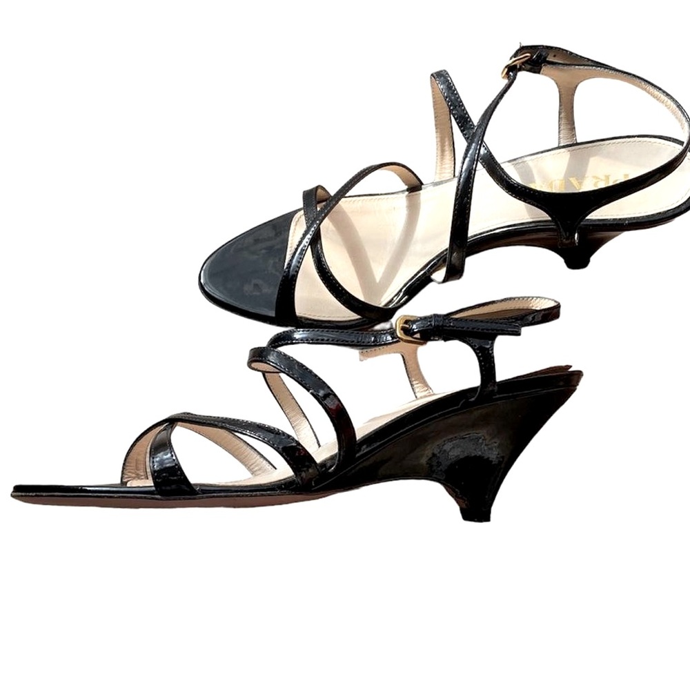 PRADA Heels Black Patent Leather Strappy Open Toe Kitten Sandals